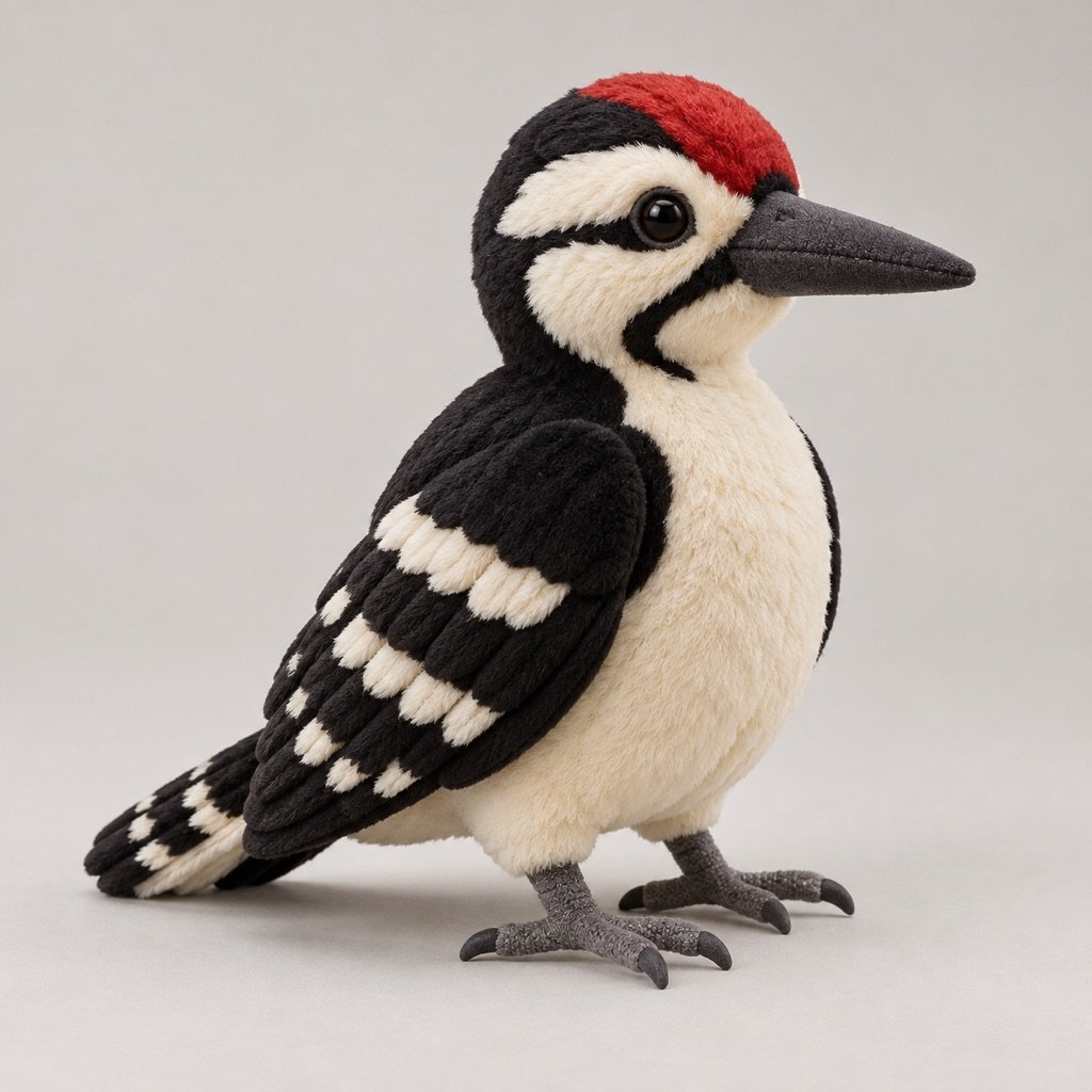 Black-and-cream woodpecker plush concept with a red crown patch, barred folded wings, a long dark bill and textured grey feet