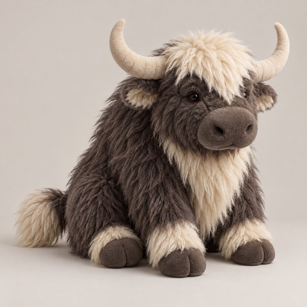 Seated charcoal yak plush concept with shaggy cream forehead and chest accents, pale curved horns, dark hooves and a tufted tail