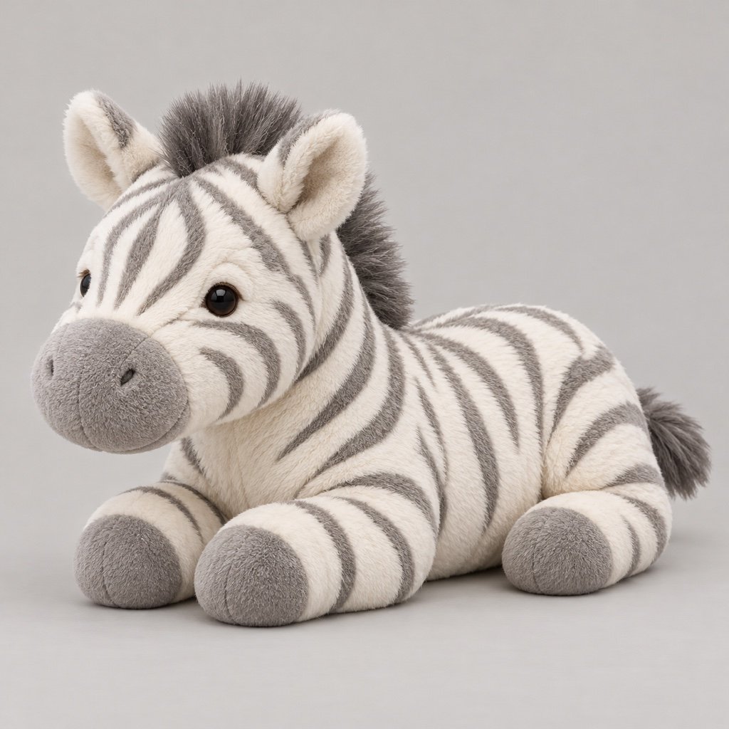 Resting ivory zebra plush design concept with gray stripes, a dark upright mane, pale muzzle and short rounded legs